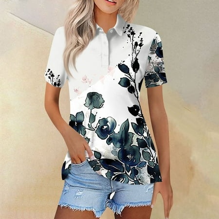 Qwertyu Womens Polo Shirts Button Down Collared Short Sleeve Tops Lapel Loose Blouses White 2XL