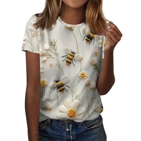 Qwertyu Womens Casual Short Sleeve Tunic Tops Floral Print Round Neck T Shirts Summer Loose Fit Tunics White XL