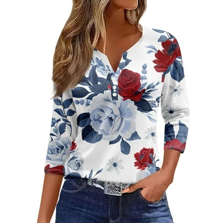 Qwertyu Summer Tops for Women 2024 Trendy Graphic Print Tunic Shirts 3/4 Sleeve Button V Neck Tshirt Casual Loose Blouse Red L