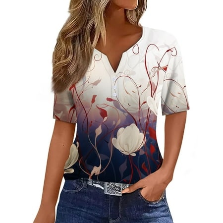 Qwertyu Womens Short Sleeve Tops Casual Button Down Summer Shirts Graphic Print Loose Fit Three Quarter Length Sleeve Blouse Red S