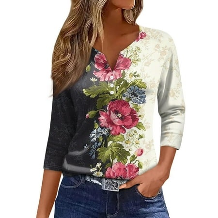Qwertyu Spring Tops for Women 2023 Trendy 3/4 Bell Sleeve Henley Shirts Boho Floral Print Tunics Casual Loose Blouse Red S