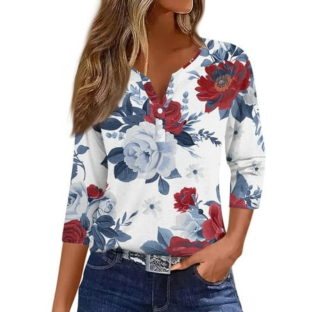 Qwertyu Womens 3/4 Sleeve T-Shirts V Neck Buttons Tops Basic Tee Graphic Print Blouse Loose Fit Pullover Summer Shirts 2024 Multicolor M
