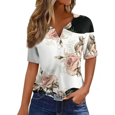 Qwertyu Womens Casual Loose Blouse Fashion Graphic Print Shirts Henley V Neck Short Sleeve Lightweight Spring Summer Tops 2024 Pink L
