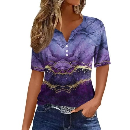 Qwertyu Women S Button up Short Sleeve Henley V Neck T Shirt Round Neck Graphic Print Casual Tunic Shirts Purple S