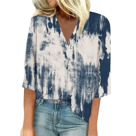 Godokuleh Womens 3/4 Sleeve V Neck Tie Dye Blouse Casual Loose Fit Three Quarter Sleeve Shirt TopsNavy XL