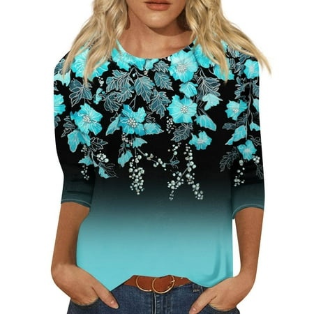 Godokuleh 3/4 Sleeve Tunic Tops for Women Floral Round Neck Fall Work Shirts Cotton Trendy Tshirts Shirts Loose Fit Tee Pullover Cyan S