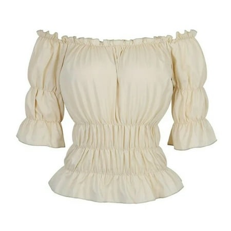 Women S Off Shoulder Blouses Shirts Steampunk Gothic Corsets Victorian Girls Clothing-6505 Beige-XXL
