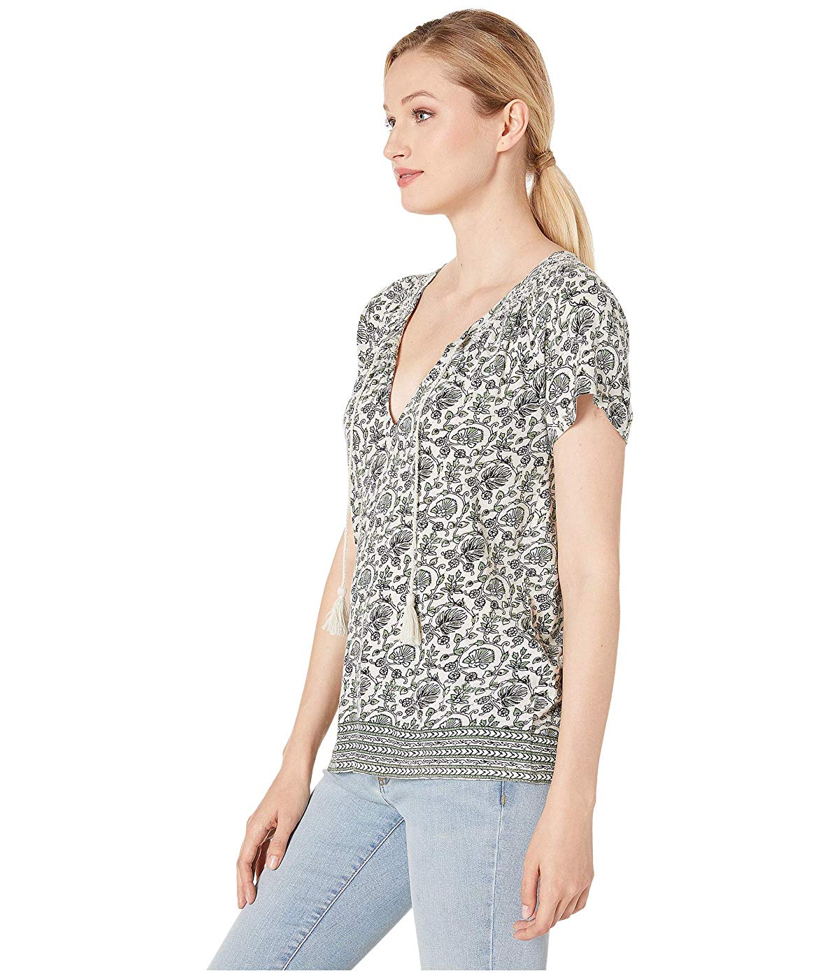 Lucky Brand Women's Top Green Size Xs Knit Border Print Smocked Tassel 7223-0255-P - XS