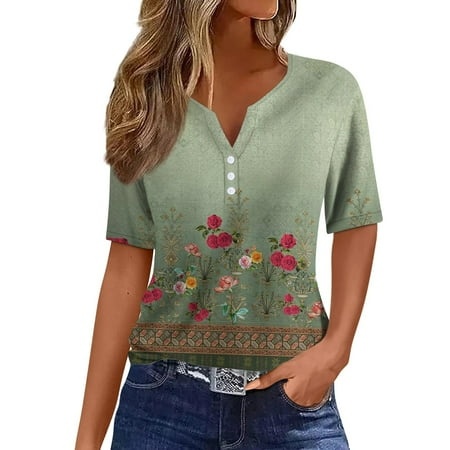Qwertyu Plus Size Tops for Women Summer Button Short Sleeve Graphic Print Shirts Ruffle Blouse Tunics Green S
