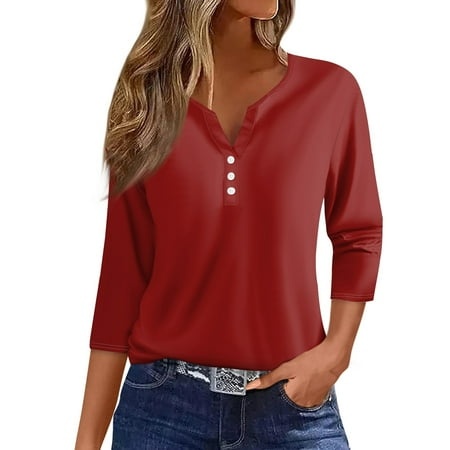 Qwertyu Summer Women S T Shirts Button V Neck 3/4 Sleeve Tops Henley Floral Solid Color Print Tees Tunic Blouses Red M