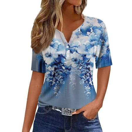 Qwertyu Womens V Neck Casual Loose Short Sleeve Blouse Button Down T Shirts Graphic Print Tops Blue S