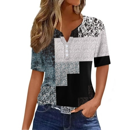 Qwertyu Blouses & Button-Down Shirts Short Sleeve Henley Summer Tops Athletic Fit Blouses Color Block Graphic Print Womens Clothes Light Blue XXL