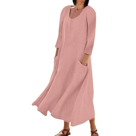 Qwertyu Women S Swing 3/4 Sleeve Round Neck Solid Color MIDI Dress Plus Size Casual Formal Pink M