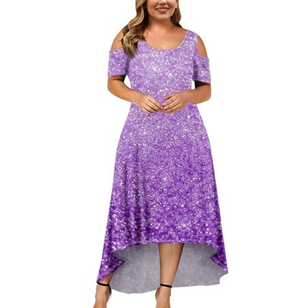 Qwertyu Womens Round Neck Short Sleeve Cold Shoulder Loose Plain Casual Plus Size Long Maxi Dress with Pockets Light Purple 5XL