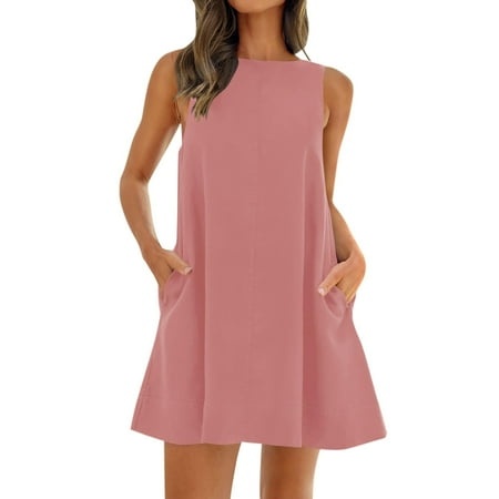 Qwertyu Women S Sleeveless Round Neck Casual Swing Simple T-Shirt Loose Dress Pink L