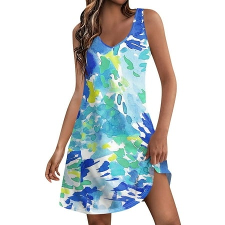 Qwertyu Boho Dresses for Women 2024 Summer Color Block Print Slip Dress Ruched Going Out Mini Dress Sleeveless Beach Sundress Light Blue XL