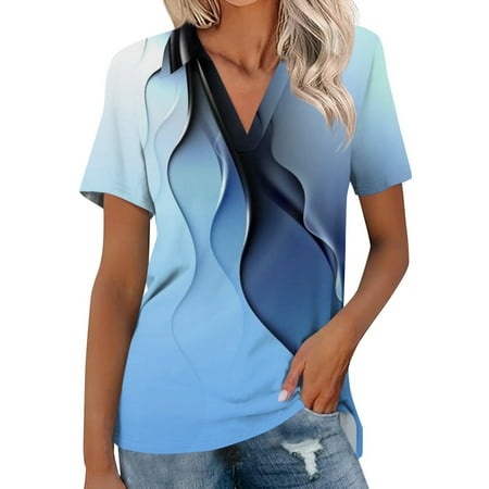 Qwertyu Short Sleeve Shirts Womens Tops Summer V Neck Button Down T Shirts Dressy Casual Henley Blouses Trendy Printed Clothes Sky Blue 2XL
