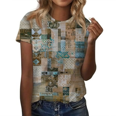 Qwertyu Newshows Womens 2024 Summer Short Sleeve Sweaters Tops Spring Business Casual Outfits Crewneck Lightweight Dressy Knit Shirts Khaki 3XL