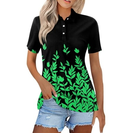 Qwertyu Women S Polo Shirts Short Sleeve Button Collared Tops Lapel Casual Work Blouses Tunic Tops Graphic Basic Print Tees Green M