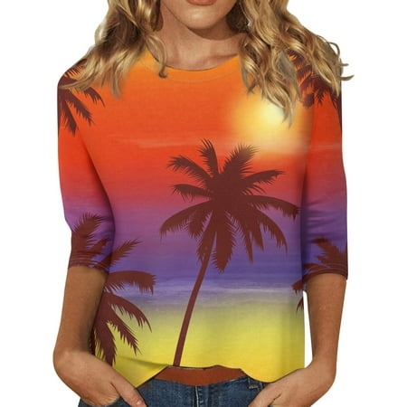 Godokuleh 3/4 Length Sleeve Womens Tops Hawaiian Palm Tree Round Neck Elbow Sleeve Western Shirts Loose Fit Dressy T Shirts Fall Pullover Blouses Saff