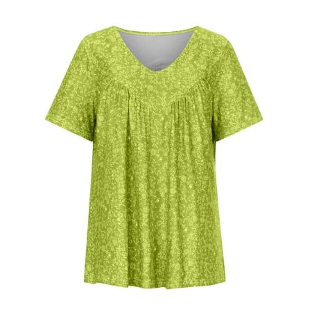 H-835 Mint Lime Green Juniors Floral Print Loose Fit Long Tshirts Vneck Spandex Tops Tee for Women Short Sleeve Lounge Ruched Summer Fall Tee Shirt 20