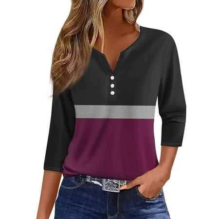 Qwertyu 3/4 Sleeve Raglan V Neck Shirts for Women Color Block Print Henley Blouse Button Tunic Tops Purple Pink M