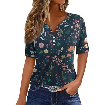 Qwertyu Womens 2024 Plus Size Trendy Button Down Summer Short Sleeve Henley Shirts Henley Neck Blouses Dressy Graphic Print Clothes Navy XL