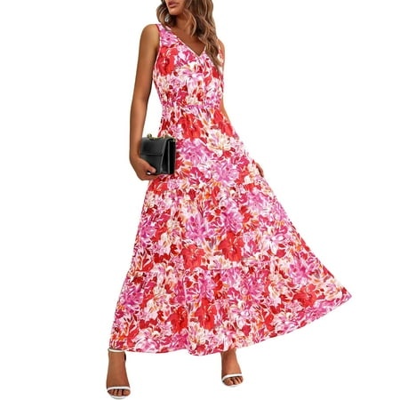 Qwertyu 2024 Summer Dresses for Womens Casual V-Neck Foral Print Sleeveless Casual Loose Long Maxi Dress Hot Pink XL