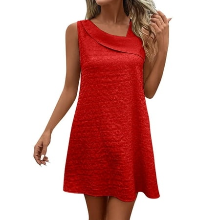Qwertyu Women S Sleeveless Round Neck Casual Swing Simple Solid Color T-Shirt Loose Dress Red L