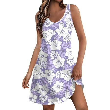 Qwertyu Boho Dresses for Women 2024 Summer Foral Print Slip Dress Ruched Going Out Mini Dress Sleeveless Beach Sundress Light Purple L