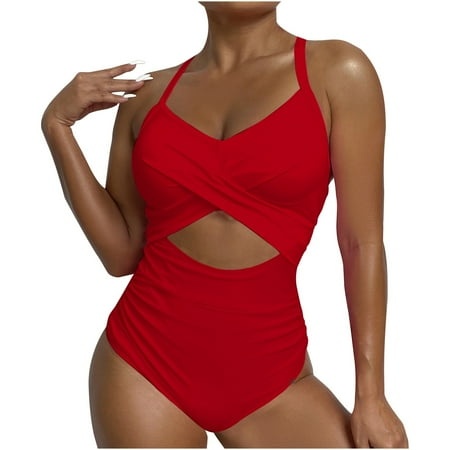 Tponi One Piece Trendy Swimsuits for Women 4722 Women Swimsuit Clearance Sleeveless Solid Bikini Red XL (US:10)