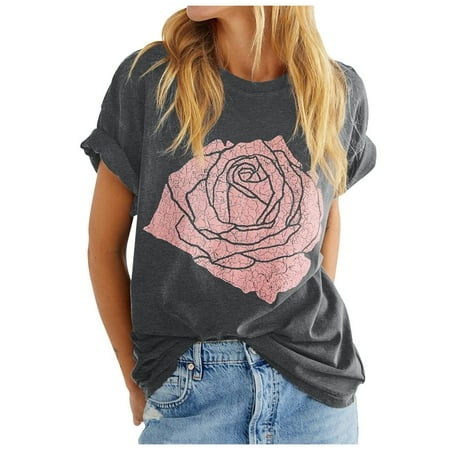 OJSFQUFP Comfy Clothes for Women Grey Womens Rose Graphic Tee T Shirt Loose Fit Summer Short Sleeve Boyfriend Casual Crew Neck Tops Simple Fashion Tre