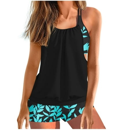 Tponi Two Piece Trendy Swimsuits for Women 5674 Women Swimsuit Clearance Sleeveless Printed Bikini Sky Blue L (US:12)