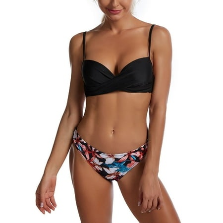 Tponi Two Piece Trendy Swimsuits for Women 5499 Women Swimsuit Clearance Sleeveless Printed Bikini Black M (US:6-10)