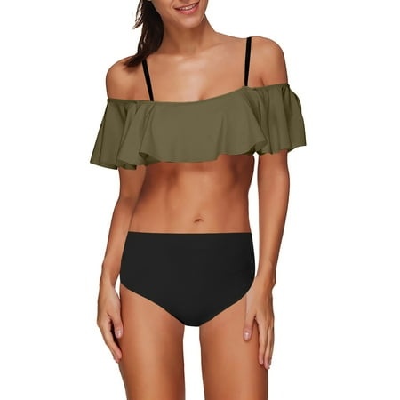 Tponi Two Piece Swimsuit for Women 4081 Swimsuit Clearance Sleeveless Solid Bikini Army Green L (US:8)