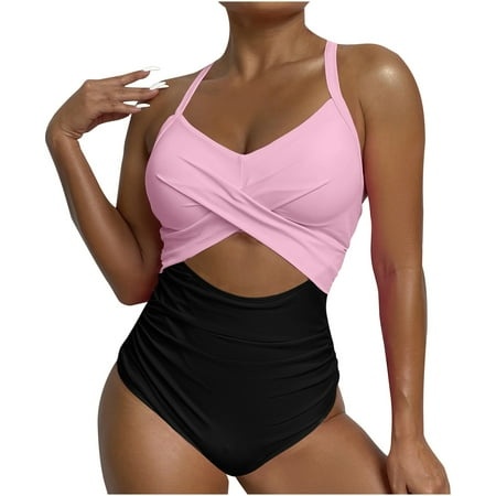 Tponi One Piece Trendy Swimsuits for Women 4723 Women Swimsuit Clearance Sleeveless Solid Bikini Pink XXL (US:12)
