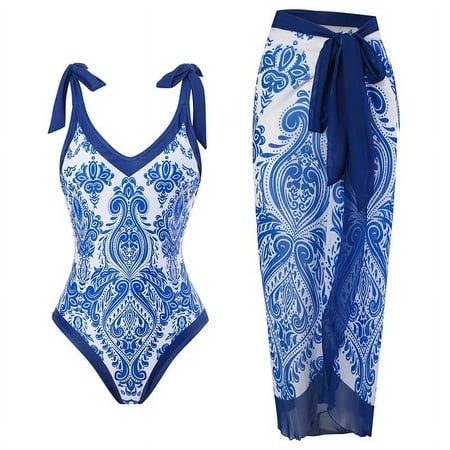 Tponi Two Piece Trendy Swimsuits for Women 3439 Women Swimsuit Clearance Sleeveless Printed Bikini Dark Blue XL (US:10)
