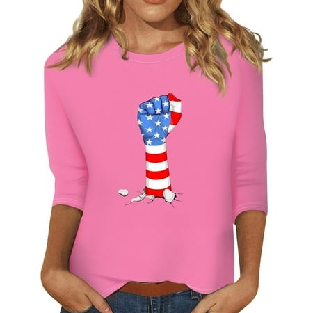 Godokuleh 3/4 Sleeve T Shirts for Women Round Neck American Flag Spring Western Tops Fall Trendy Short Sleeve Shirts Elbow Sleeve Clothes Blouses Pink