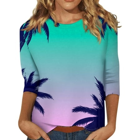 Godokuleh Plus Size 3/4 Sleeve Tops for Women Round Neck Hawaiian Palm Tree Graphic Dress Shirts Cotton Loose Fit Tee Shirts Clearance Tunic Tops Clot