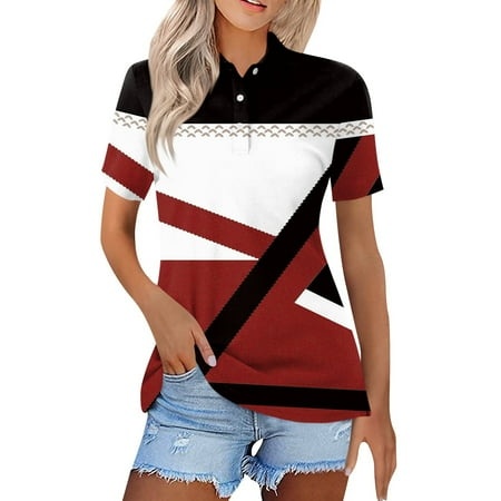 Qwertyu Womens 2024 Summer Tunic Tops Casual Short Sleeve Lapel Blouse Buttons Chiffon Tshirts for Leggings Soft Comfy Wine S