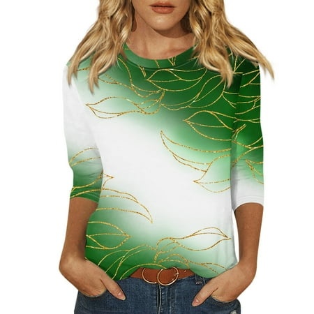 Godokuleh 3/4 Sleeve Tunic Tops for Women Round Neck Graphic Clearance Western Shirts Dressy Summer T Shirts Cotton Blouses ClothesGreen 3XL