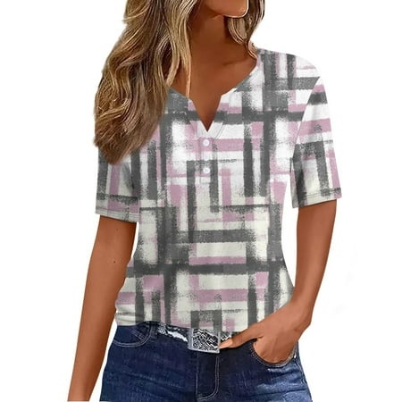 Godokuleh Womens Hawaiian Shirt Button Down Short Sleeve Henley Dressy Tops Floral V Neck Dressy Tshirts Cotton Loose Fit Casual Summer Tee ClothesPin