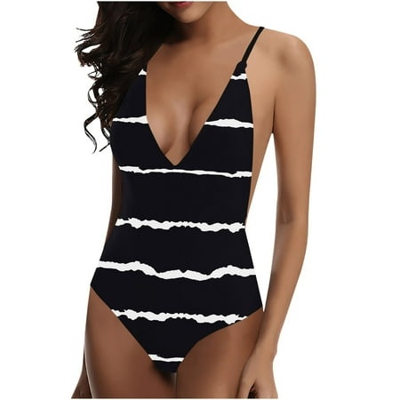 Tponi One Piece Trendy Swimsuits for Women 4973 Women Swimsuit Clearance Sleeveless Printed Bikini Black XXXL (US:XXXL)