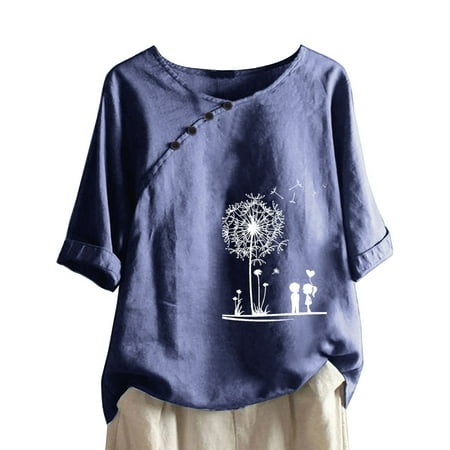 Womens Stylish Blouse & Shirts Casual Loose Short Sleeve Crew Neck Side Button Pullover Retro Elegant Solid Color Print T-Shirts Ladies Comfortable Br