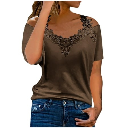 Tops for Women Sexy Chic Cold Shoulder Lace Patchwork Short Sleeve V Neck Shirts Ladies Elegant Classic Solid Color Slimming T-Shirts Summer Casual Bl