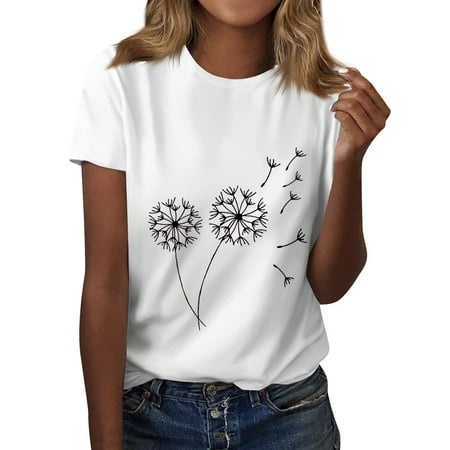 Qwertyu Women S Casual Loose Floral Print Round Neck Short Sleeve T Shirts Tee Tops White 2XL