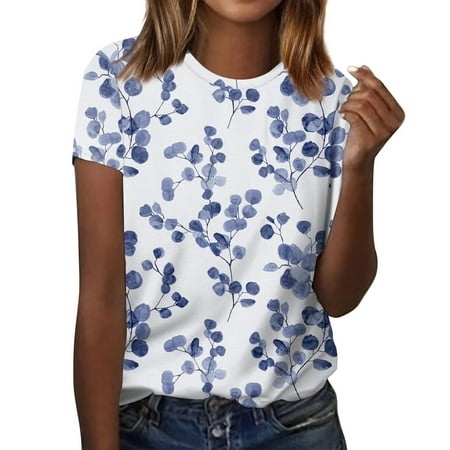 Qwertyu Women S Short Sleeve Round Neck Vintage Shirt Casual Boho Floral Printed T-Shirt Wildflowers Graphic Tees Tops for Girl Dark Blue S