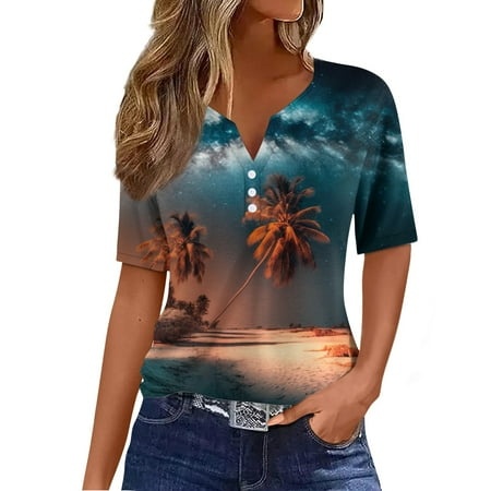 Godokuleh Boho Tops for Women Hawaiian Palm Tree Short Sleeve V Neck Henley Button Down Spring Shirts 2024 Graphic Plus Size V Neck T Shirts Casual Bl