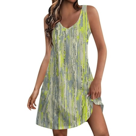 Qwertyu Summer Dresses for Women 2024 V Neck Sleeveless Dresses Printed Casual Loose Boho Sun Dresses a Line Beach Dresses Yellow M