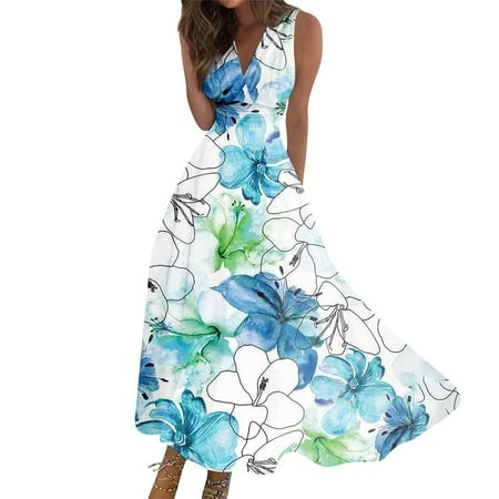 Qwertyu Womens 2024 Summer Maxi Dress Casual V Neck Froal Printed Sleeveless Smocked Ruffle Beach Dress Blue M